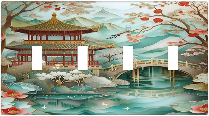 Asian Palace Traditional Bridge Cherry Blossoms Light Switch Covers Quad Toggle 4 Gang Wall Plate Decorative Switchplate Electrical Faceplate for Farmhouse Bathroom Living Decor