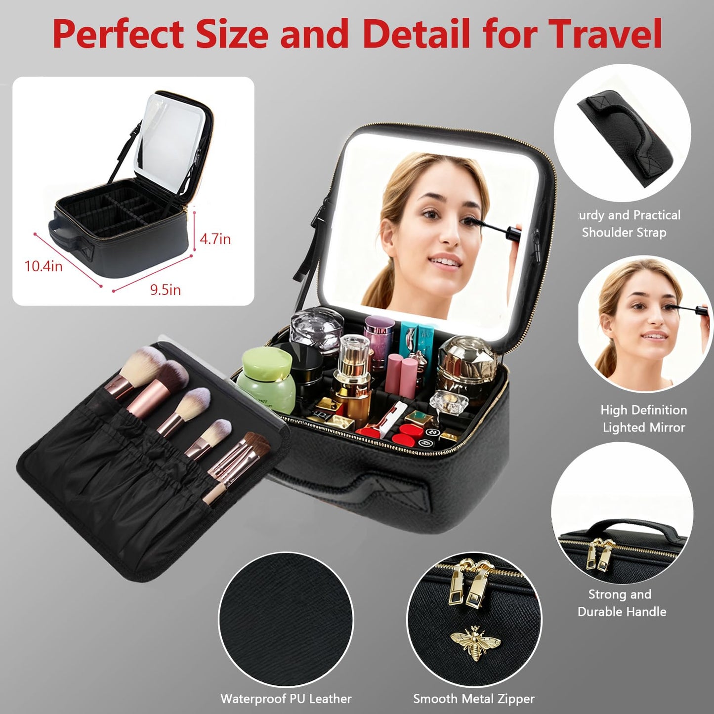 Travel Makeup Bag with Light Up Mirror, Portable Makeup Bag with Led Light Women Waterproof Makeup Travel Case adjustable dividers Rechargeable Vanity Mirror with 3 Color Lights (NO Shoulder Strap)