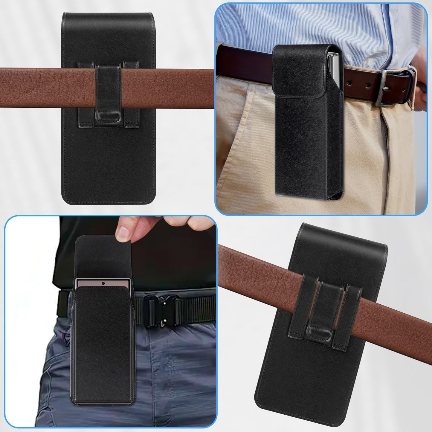 Leather Phone Holster for Samsung Galaxy Z Fold 7/6/5/4/3 Case with Belt Clip for iPhone 16/15/14/13 /12/11 Pro Max & Galaxy S26/S25/S24/S23 Ultra Cover Carrying Pouch Card Holder(V Black)