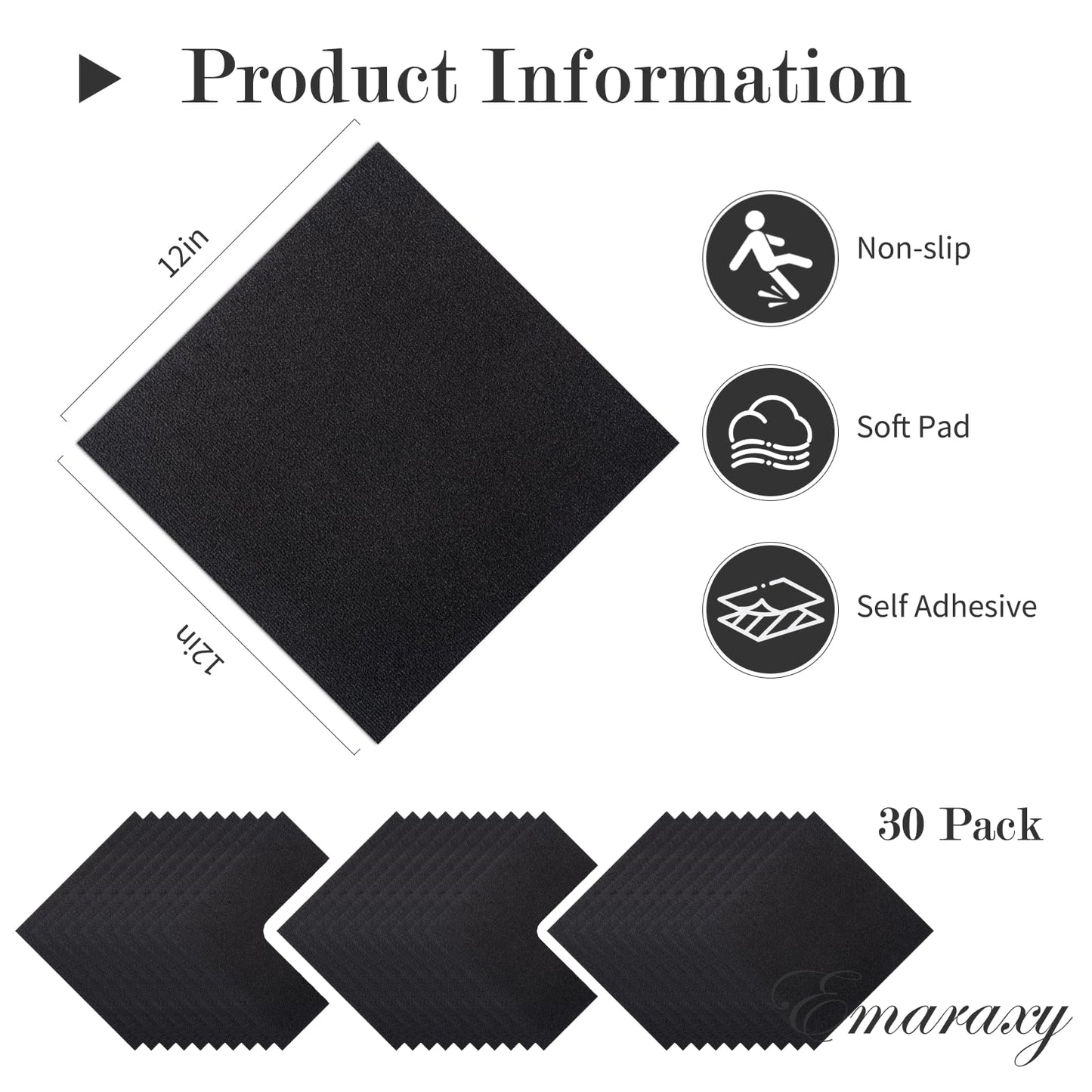 Emaraxy Peel and Stick Carpet Tiles, 12x12 Inch 30 Pack 30 Sq.Ft, 4.5mm Heavy Duty Carpet Squares, Non-Slip Self Adhesive Floor Tiles for Basement, Office, Living Room, Bedroom, Pet Area, Black