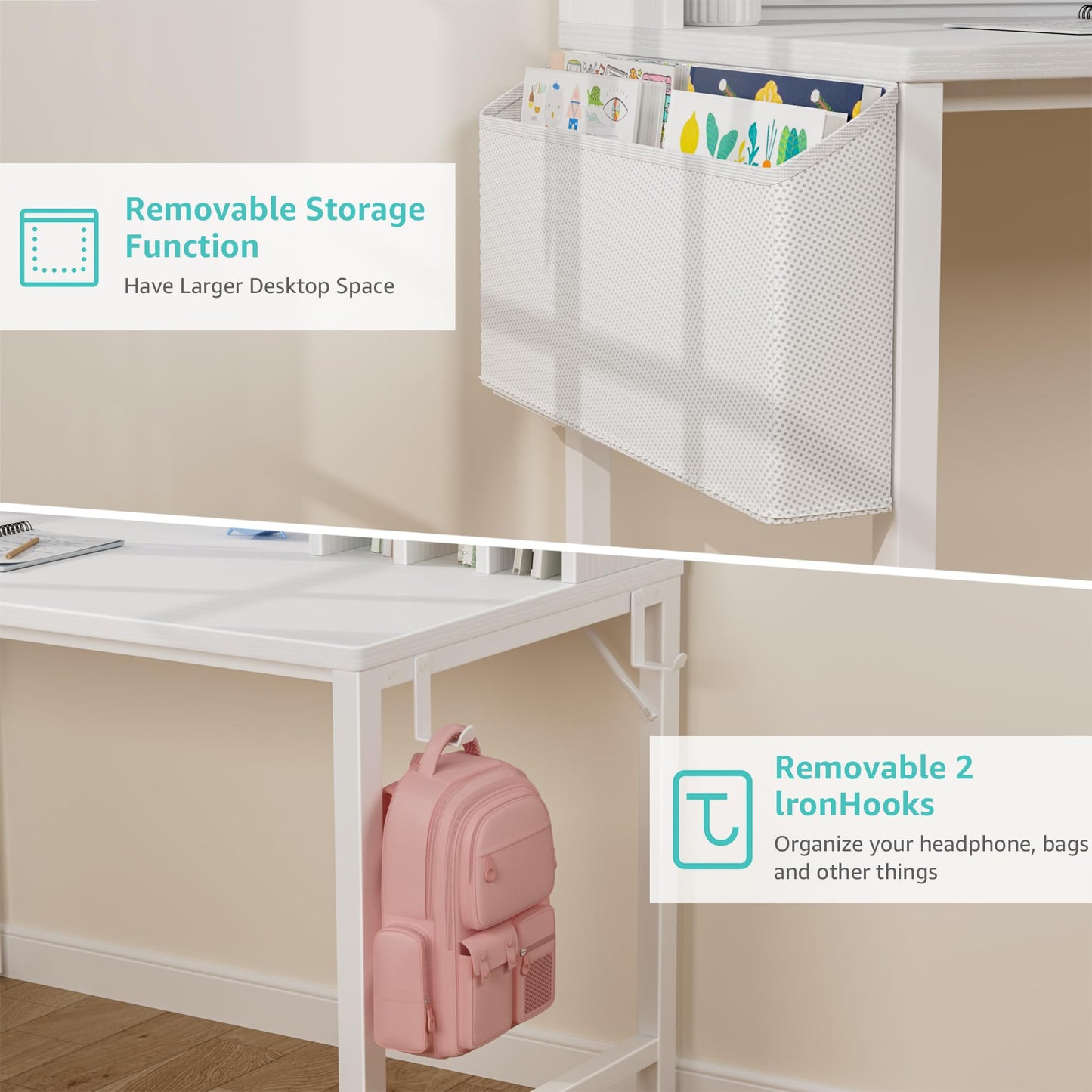 BOLUO Kids Desk and Chair Set for 6-12 Year Old, Children Study Desk with Hutch and Pegboard, Student Writing Table with Storage Shelf for Girls Boys