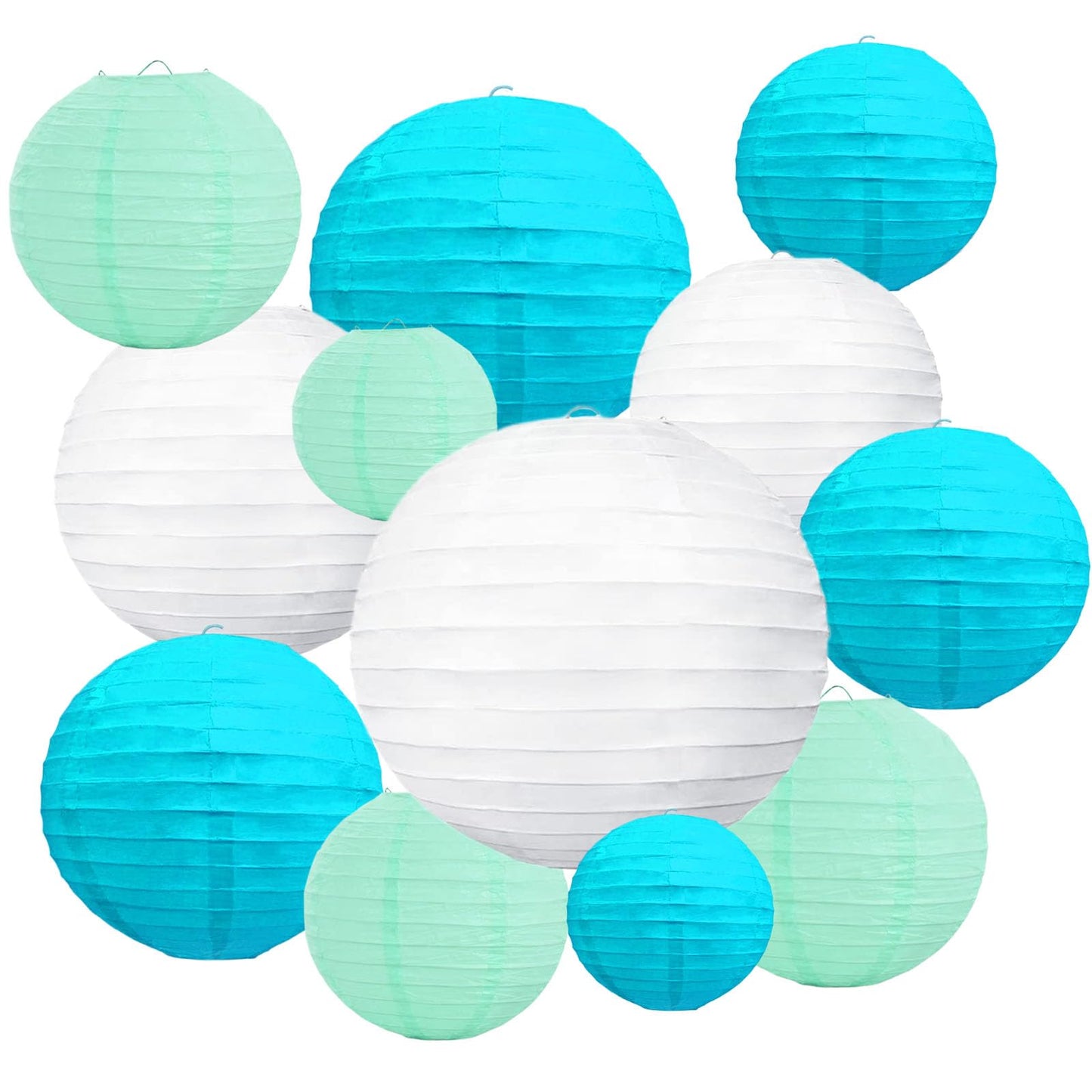 20Pcs Blue Light Blue White Paper Lanterns for Parties, 6” 8” 10” 12” Chinese Asian Hanging Round Paper Lanterns for Birthday Wedding Halloween Christmas Home Decor Party Decor