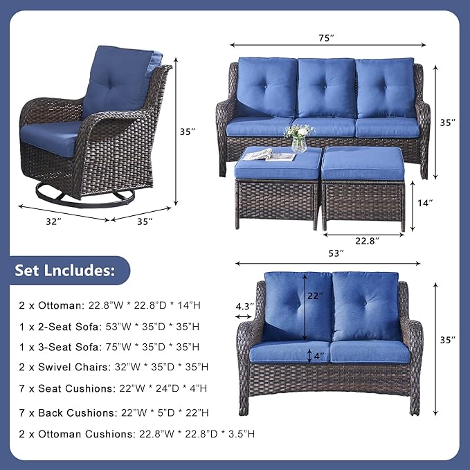 Rilyson Wicker Patio Furniture Set - 6 Piece Rattan Outdoor Sectional Conversation Sets with 2 Rocking Swivel Chairs,2 Ottomans,1 Sofa and 1 Loveseat for Porch Deck Garden(Brown/Blue)