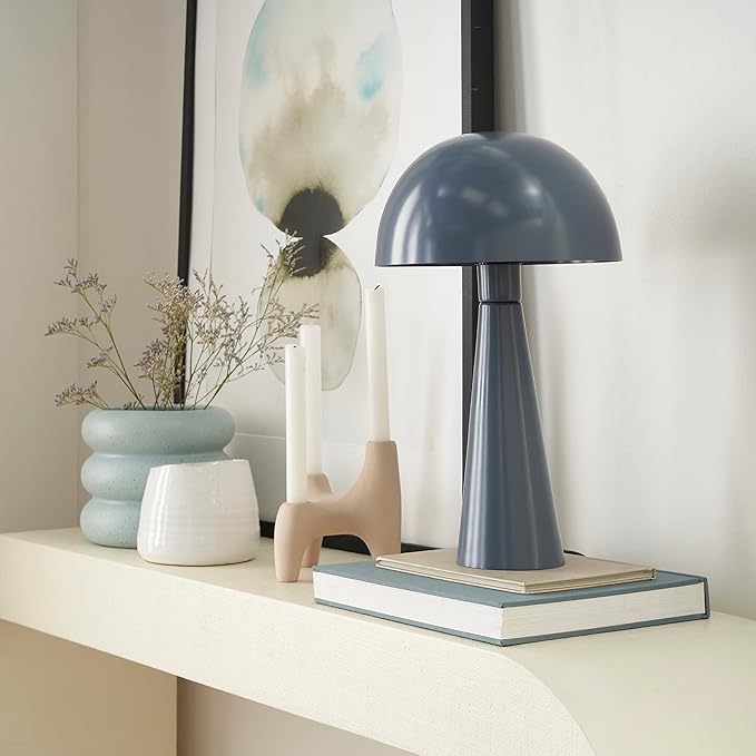 Nourison Home 16" Bluish Grey Metal Mushroom Table Lamp, Modern, Retro, Desk Light for Bedroom, Dining, Office, Entryway