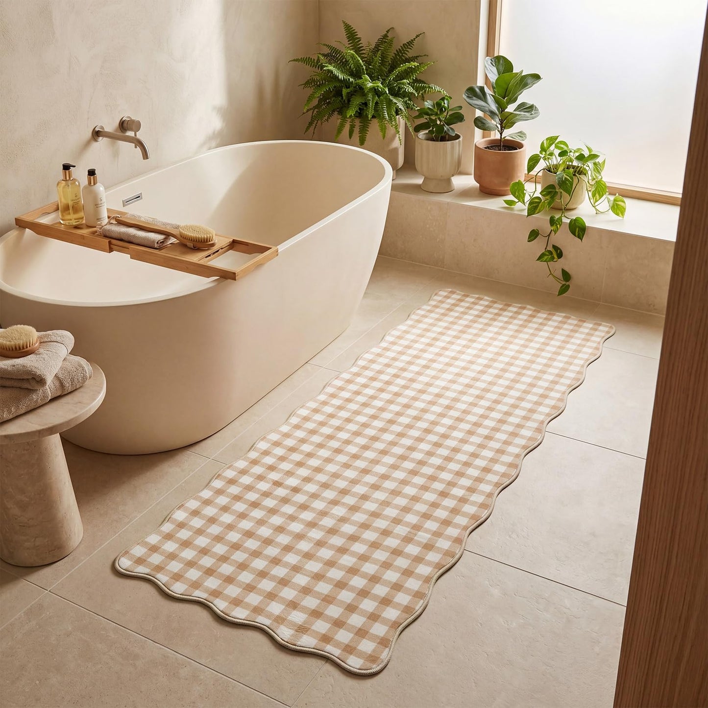 2 x 6 ft Scalloped Gingham Runner Rug - Hallway Washable Runner Rug Non Slip Khaki Gingham Long Laundry Runners with Rubber Backing Low-Pile Stain-Resistant Indoor Carpet, Soft for Entryway Bathroom