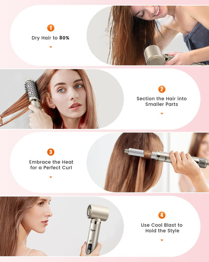 Tqcir 8-in-1 Professional Hot Air Styler&Hair Dryer Brush, Powerful Multi-Styler with Auto-Wrap Curler with Storage Case, Fast Drying Curling Straightening Volumizing Without Heat Damage(Gold)