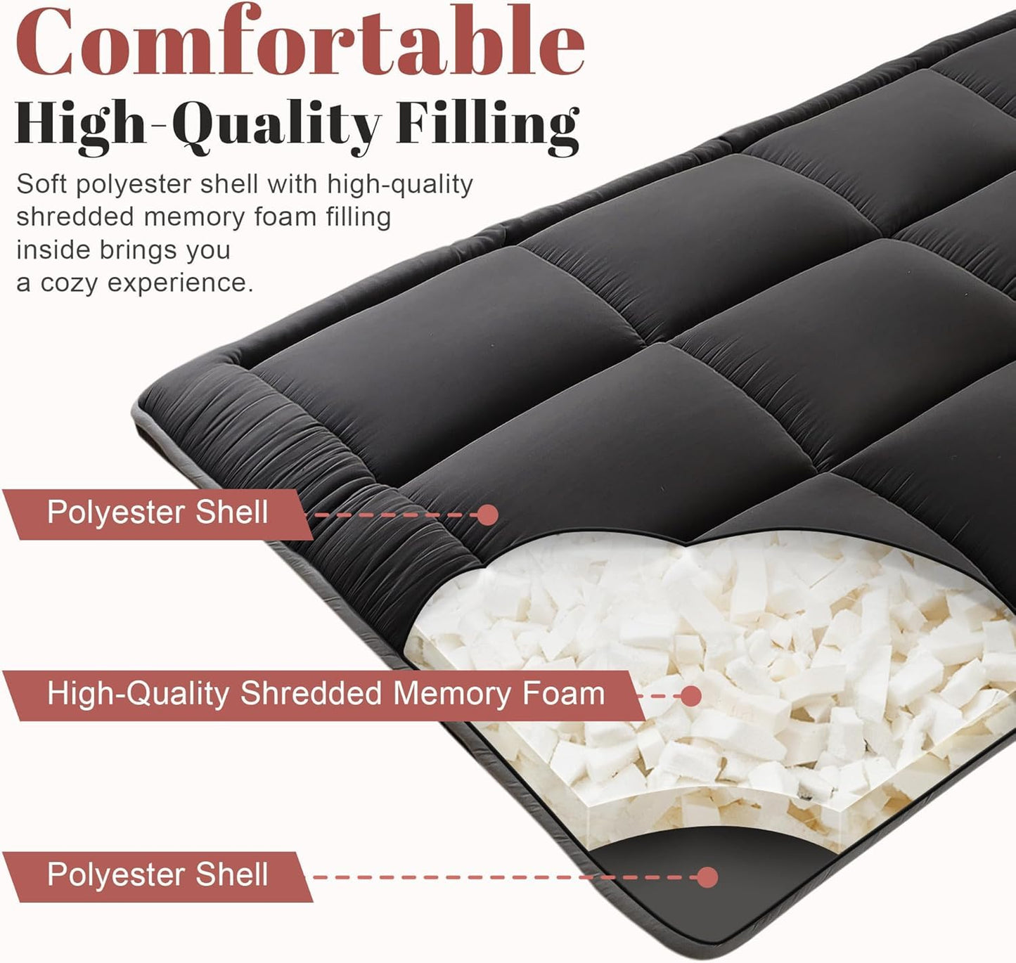 WhatsBedding Japanese Floor Mattress Futon Mattress 3" Black Tatami Mat Shredded Memory Foam Filled Sleeping Pad, Foldable & Portable Roll Up Lounger Camping Bed for Kids and Adult,Queen Size 60"x 80"