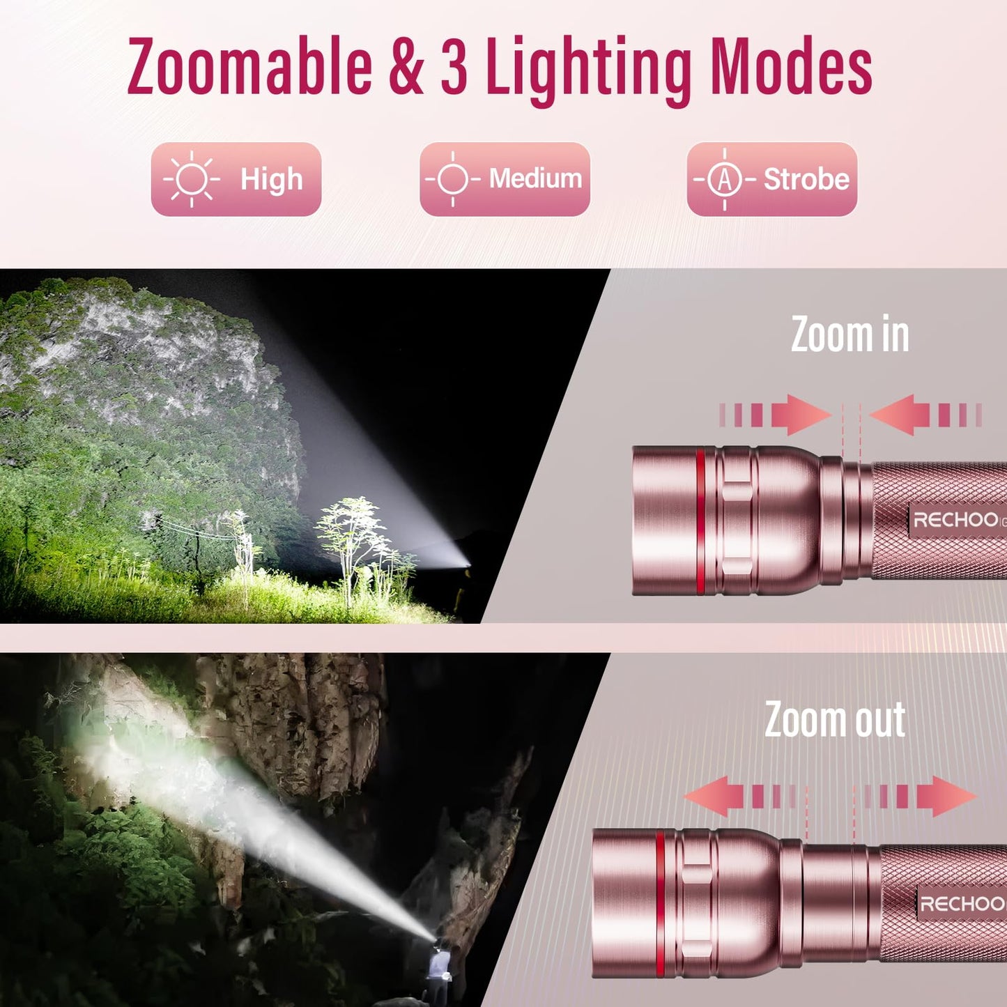 Flashlight Rechargeable High Lumens, G1000 Super Bright Flash Light Pink, Small Zoomable LED Flashlight with 3 Lighting Modes, Portable Tactical Flashlight for Camping Essentials, Gifts for Women
