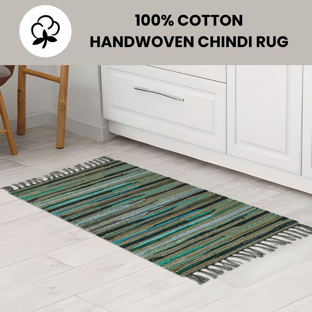 Threadvista Hand Woven Chindi Rug Cotton - Rustic Boho Accent Throw Rug for Living Room Bedroom Kitchen Entryway Floor Mats - Ideal for High Traffic Areas 20x32 inch Reversible Area Rug Green Multi
