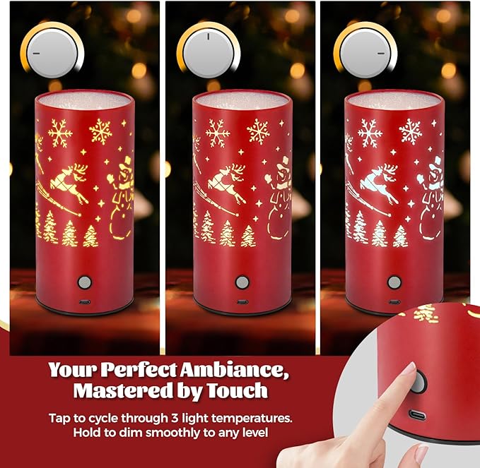 Christmas Table Lamp with Hollow-Out Design - Rechargeable Touch Control Dual Color LED, Warm/Cool White Metal Decor for Home Desk Party, 1200mAh Battery - 2pack(Red)