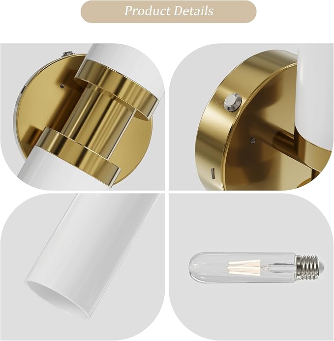 Rechargeable Battery Wall Sconce Set of Two, 8000mAh Cordless, Dimmable, Timer, Remote, Touch Control, 3000K, USB-C Charging for Living Room Gold with White Lampshade (Include 4 Special Bulbs)