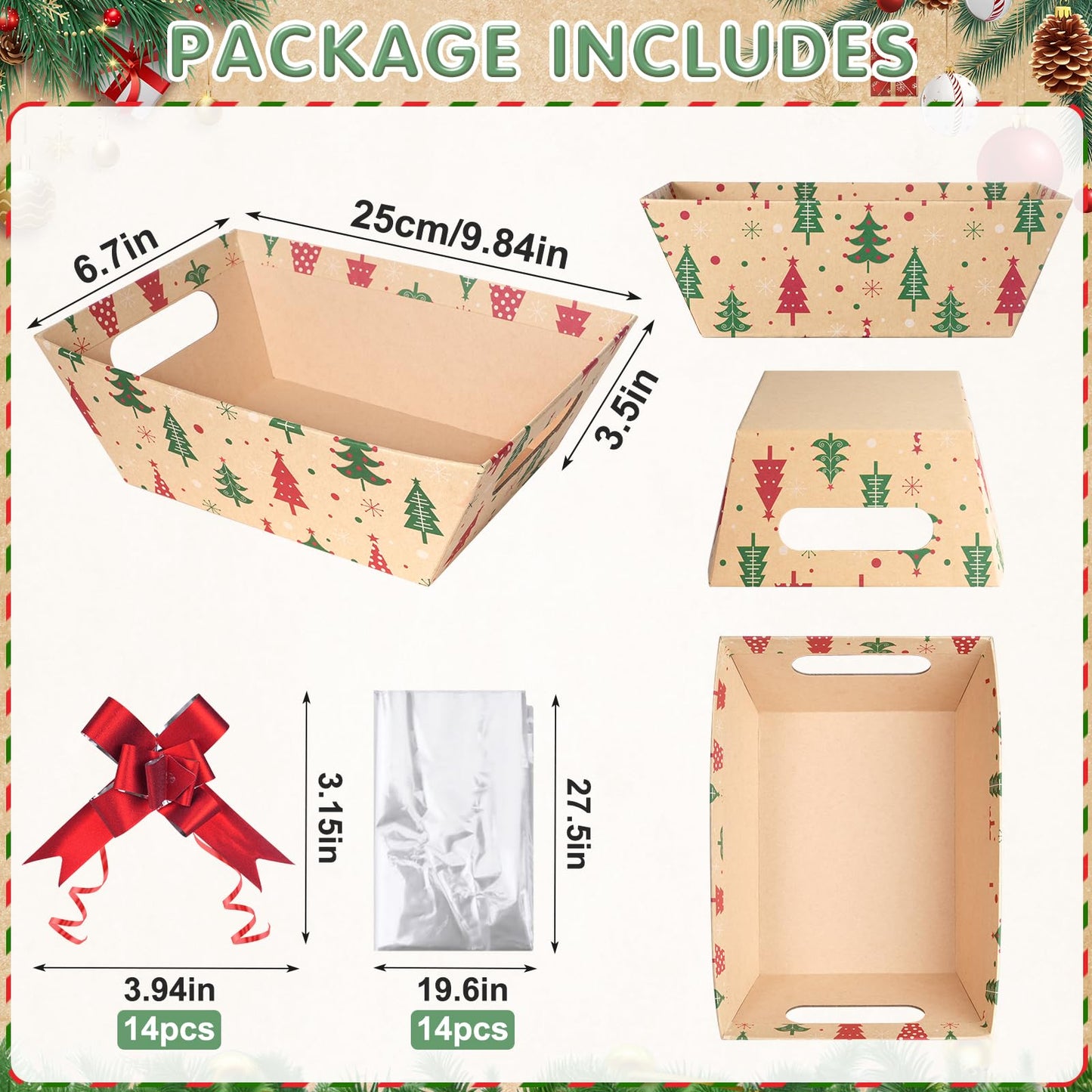 Pascliyna 12 Set Christmas Gift Baskets Empty 10x7 Inch, Kraft Paper Christmas Gifts Baskets with Cellophane Bags and Red Pull Bows, Reusable Gift Wrapping for Xmas Holiday Winter Party Supplies
