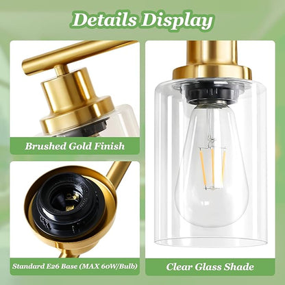 4-Light Gold Bathroom Light Fixtures, E26 Modern Vanity Lights for Bathroom with Clear Glass Shade, Wall Lamps for Mirror Hallway Kitchen Cabinet Living Room Sconces Lights