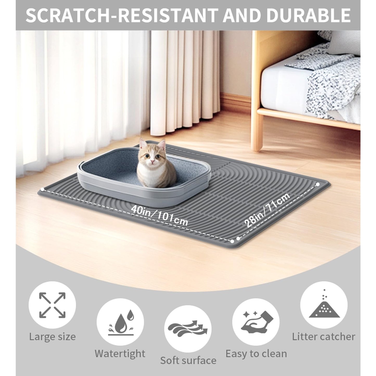 LZEXIN Cat Litter Mat, Extra Large Silicone Mat Litter Trapping Mat, Litter Box Mat Scatter Control for Floor Clean, Waterproof & Non-Slip Cat Supply & Accessory, Soft on Kitty Paws(Black, 40"x28")