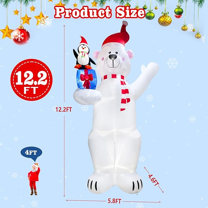 12.2FT Giant Christmas Inflatable Polar Bear & Penguin with Xmas Gift Box Decoration, Christmas Blow Up Penguin and Bear Inflatable Built-in 6 LED for Christmas Inflatables Outdoor Decoration