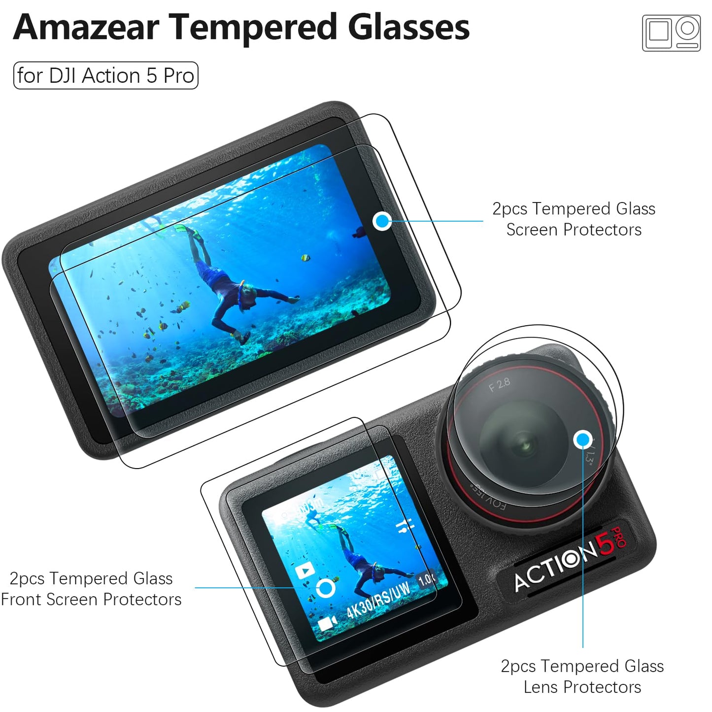 AMAZEAR Lens Screen Protector for DJI Osmo Action 5 Pro (2 Sets), Action5 Pro Accessories Tempered Glass Protector OLED Display, Ultra HD, 9H, Scratch Resistant, Bubble-Free(TGP)