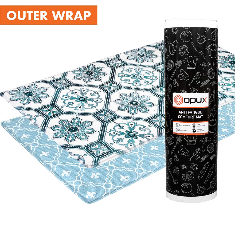 OPUX Anti Fatigue Kitchen Floor Mat, Reversible Cushioned Memory Foam Kitchen Rug Pad, Waterproof Non-Slip Padded Comfort Standing Mat Office Laundry Home, 32x17 (Floral Tile Blue)