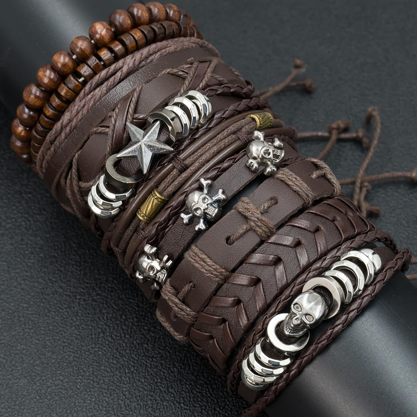 Aijewelop 10pcs/set Men's Brown Multi-layer Punk Style Bracelet Beaded Skull Head Hip-hop Bracelet Set Pu Leather Cuff Jewelry Gift