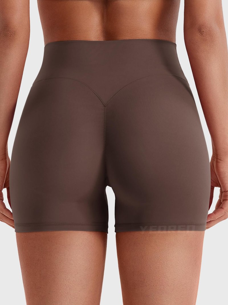 YEOREO SoftHue Women Workout Gym Shorts Impact 4.5" ScrunchHigh Waist Yoga Biker Shorts with Tummy Control Chocolate-XL