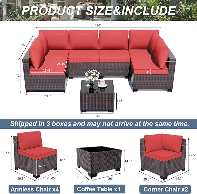 ALAULM 7 Pieces Patio Furniture Set with Coffee Table, Outdoor Sectional with Thick Cushion, All Weather Wicker Rattan Conversation Set for Backyard, Garden, Deck, (Red)