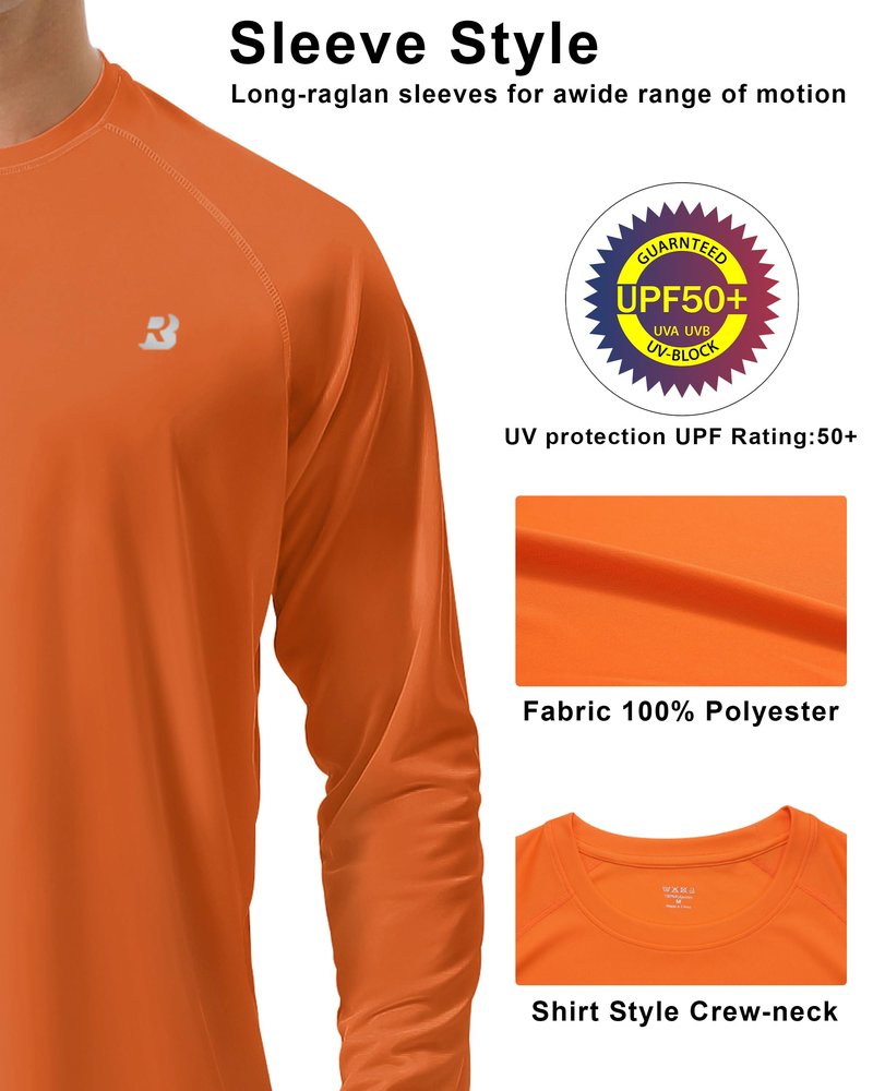 Roadbox Mens UPF 50+ UV Sun Protection Shirts Outdoor Long Sleeve SPF Diving Rash Guard for Fishing Hiking Swimming Orange