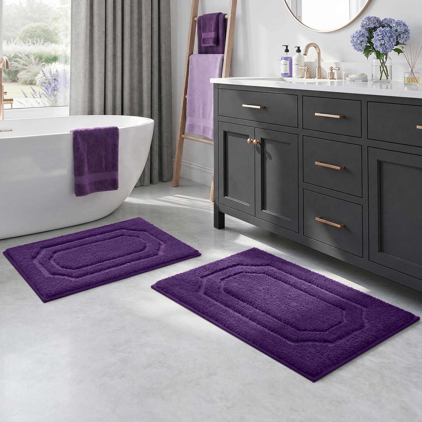 HOMEIDEAS Bathroom Rugs Sets 2 Piece, Extra Soft and Absorbent Microfiber Plush Bath Mat with Non Slip Backing(Purple)