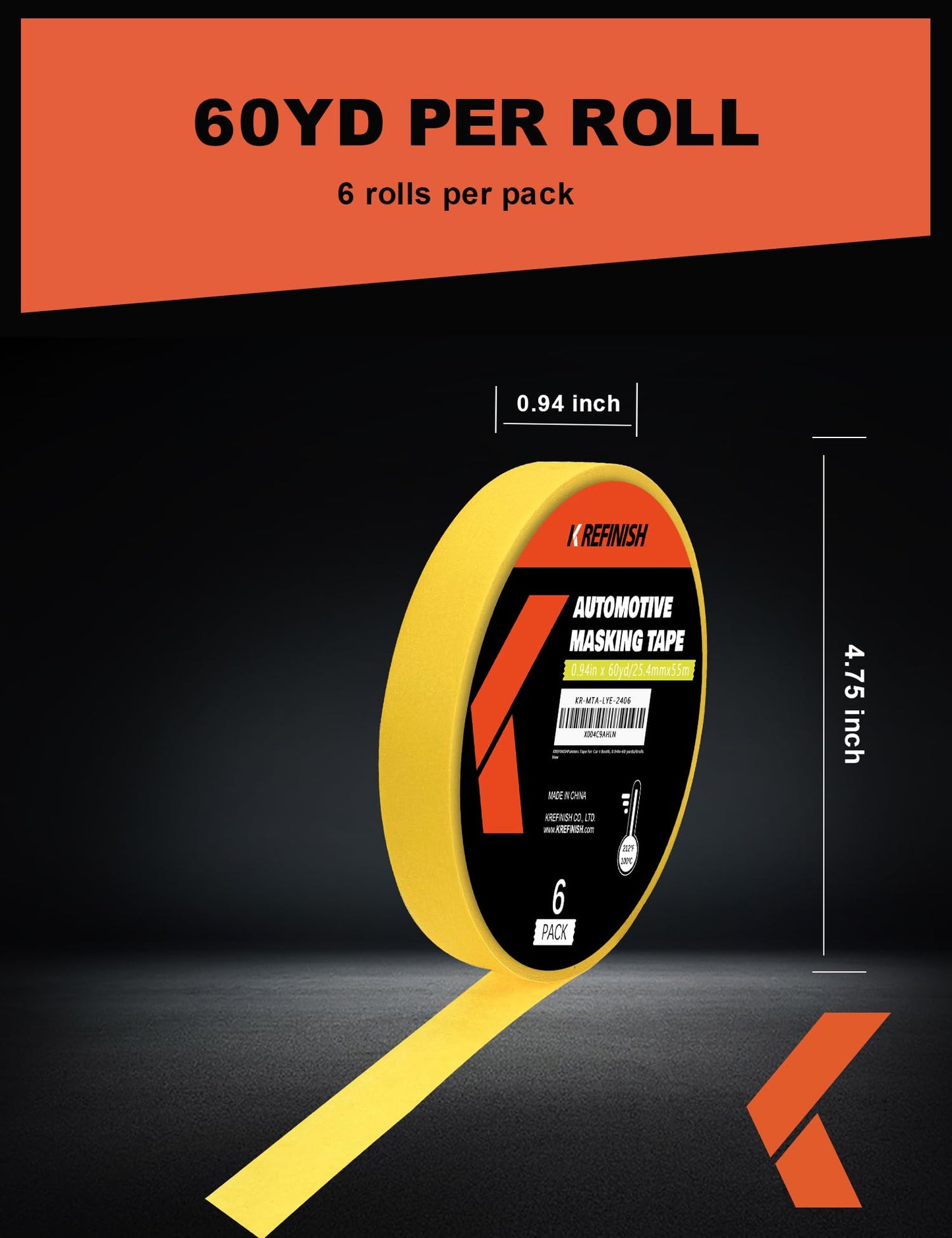 KREFINISH Painters Tape for Cars Vehicles Paint Tape Auto Body Yellow Masking Tape Heat Resistant Automotive Removable No Residue Painting Tape Bulk Set for Paint Booth, 0.94in-60 yards/6rolls