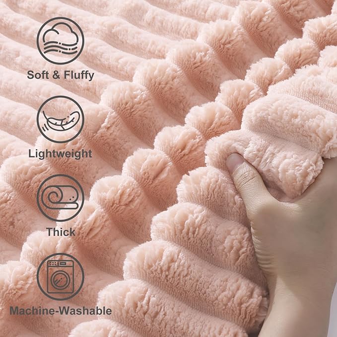 decorUhome Soft Fleece Pink Throw Blanket for Couch, Cozy Fluffy Plush Flannel Striped Blanket for Sofa Bed, Lightweight Decorative Ribbed Fuzzy Blanket for Woman, 50x60 Inches