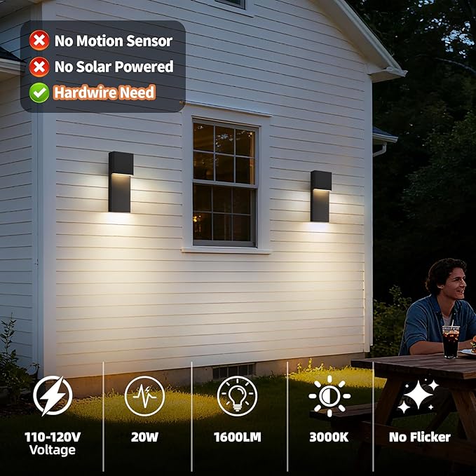 tewei Modern LED Outdoor Wall Sconce, 15'' 20W Outdoor Light Fixtures Exterior Wall Lights, Black LED Front Porch Lights Outside Wall Mount Lighting for House, Backyard, Warm White 3000K, 2 Pack