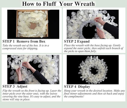 24" Yellow & Cream Fake (Not Real-Looking) Winter Fall Wreaths for Front Door – Boho Year Round Farmhouse Porch Door Decor – Beige Eucalyptus Lunaria Annua Welcome Door Wreath