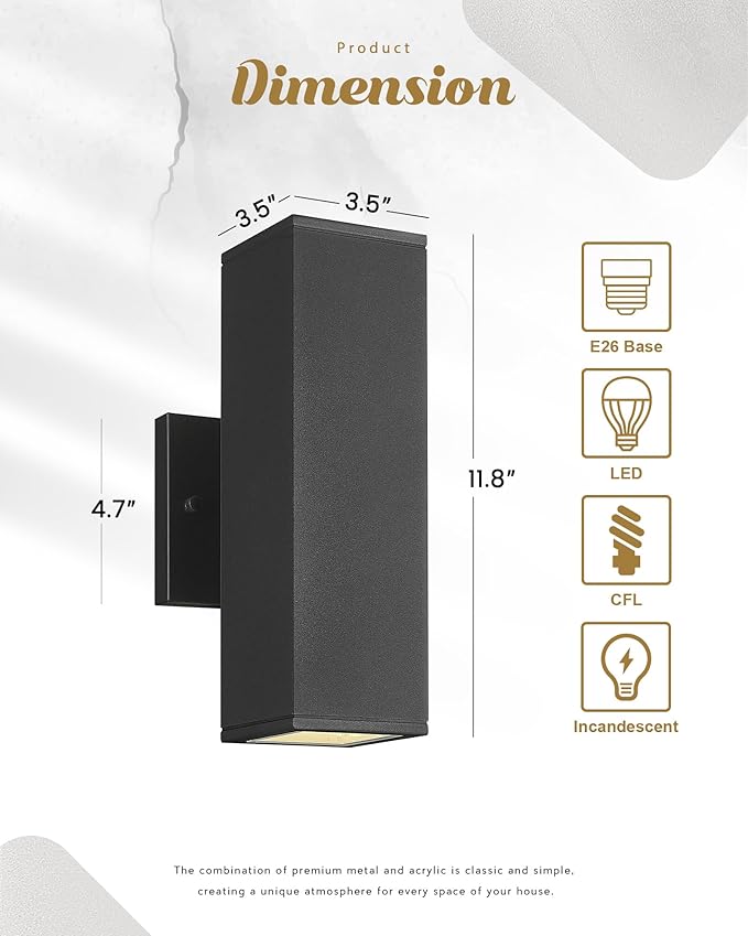 Ken & Ricky Outdoor Wall Lights, Modern Exterior Lighting Fixtures, Aluminum Front Porch Light, Black Outdoor Wall Sconce with Glass Cover, KR3324-W-2PK