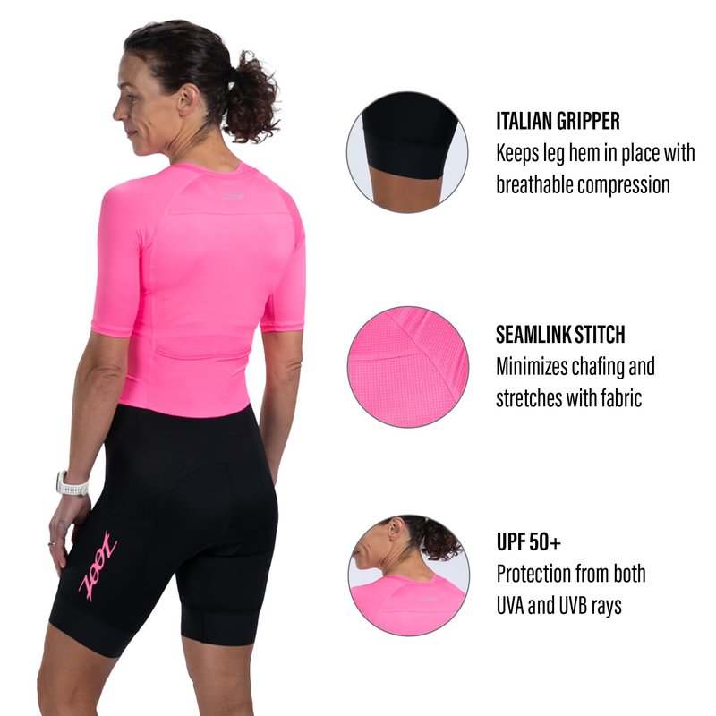 Zoot Women’s Core Tri Aero FZ Racesuit, Short Sleeve Moisture-Wicking Triathlon Suit, Plush Chamois & Race Day Storage - Bright Pink - Large