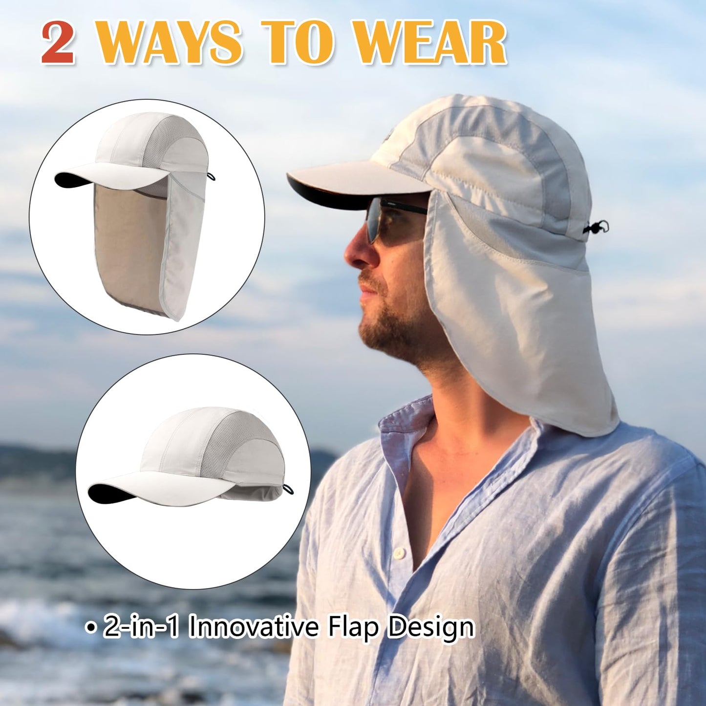 Mens Sun Hat with Breathable Mesh Sun Hats for Men Sun Protection Fishing Hat with Neck Flap for Hiking Cycling Gray