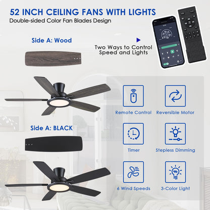 BYKISTOK Flush Mount Ceiling Fan with RGB Light - 52In Black Ceiling Fan Light with Reversible Mute Motor, LED 3CCT Dimmable, Low Profile Modern Ceiling Fans for Indoor, Party, Covered Outdoor