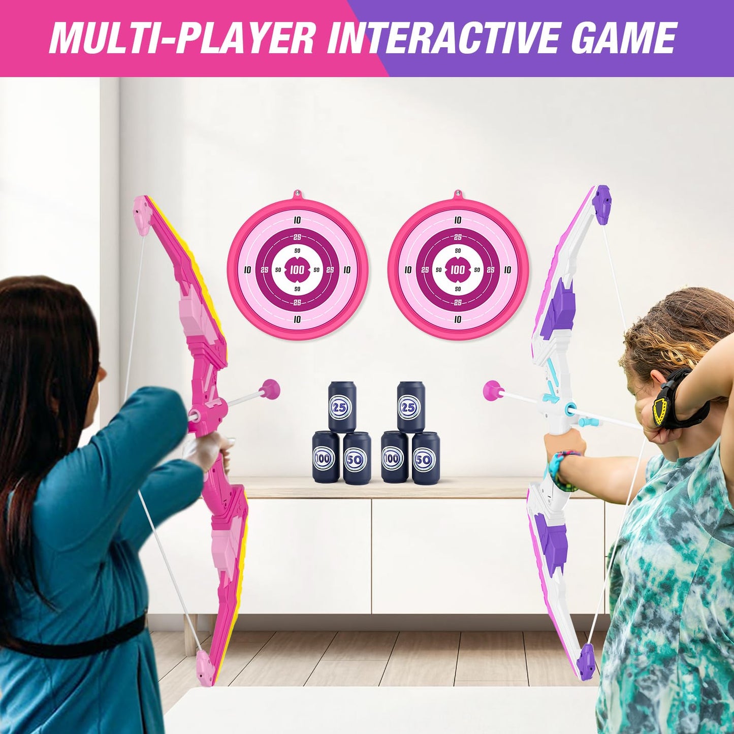 HYES 2 Pack Bow and Arrow for Kids, LED Light Up Archery Set with 24 Suction Cup Arrows, 2 Hanging Targets, 6 Score Targets & 2 Quiver, Indoor Outdoor Sport Toys for Girls Ages 4-12