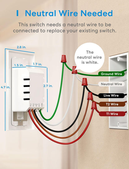 meross 3 Way Smart Dimmer Switch Kit, 3 Way Dimmable Smart Switch Supports Apple Home, Alexa, Google Assistant & SmartThings, 2.4GHz Wi-Fi Light Switch, Neutral Wire Required, Remote Control Schedule