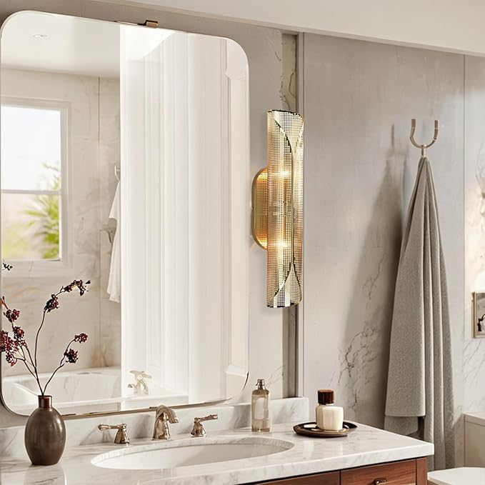 21.6 Inch Curved Perforated Double Wall Sconce, Hand-Made Aged Brass Metal Wall Mounted Light Over Mirror, Luxury Wall Light for Bedroom, Elegant Light Fixture for Indoor