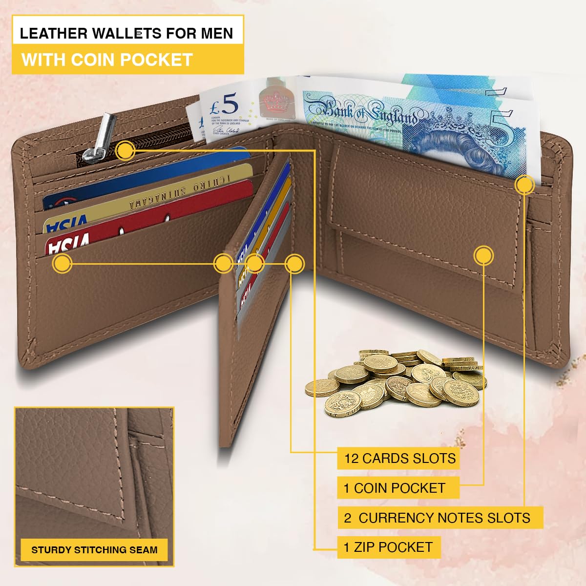 ALSAP Premium Leather Mens Wallets ‒ RFID Blocking Wallet with Coin Pocket & Zip ‒ Bifold Wallets for Men with 12 Card Slots & 2 Bank Note Compartments ‒ Wallet with Gift Box (Brown)