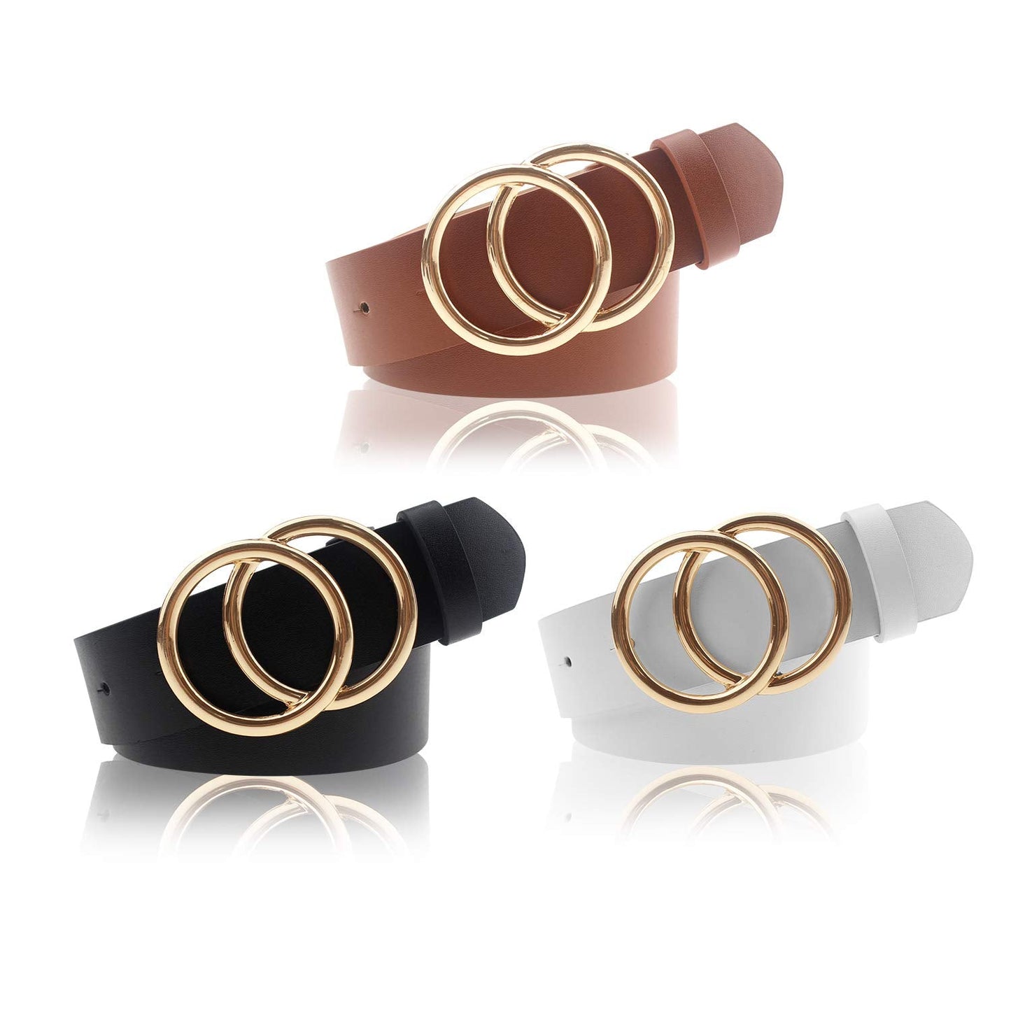 Udekit Women's Leather Belt Double O Ring Soft Faux Leather Waist Belt Large Size (3 Pieces/Set)