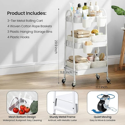 3-Tier Rolling Utility Cart with 4 Woven Baskets, Diaper Book Snack Cart, Storage Organizer for Nursery, Kitchen, Craft Room, Home SPA, Living Room, Metal Frame Trolley on Lockable Wheels, White