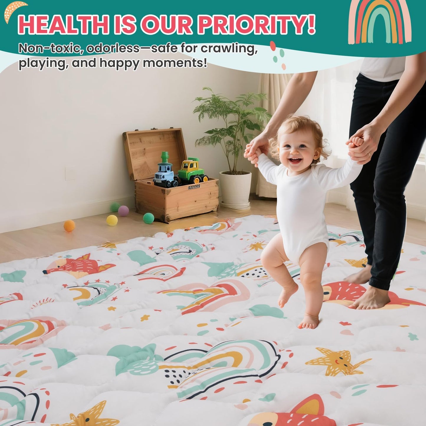 Duwenem Baby Play Mat for Floor,50x50 Inch Soft Padding Crawling Mat for Playpen, Foldable and Machine Washable, Thick for Babies & Toddlers,Rainbow Fox