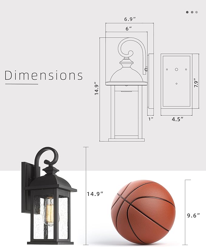 FEMILA Outdoor Wall Sconce, 14.9" Matte Black Seeded Glass Outdoor Sconce Lights, Front Porch Light Fixtures Wall Mount, Garage Lights for Patio, Entryway, Garden, E26 Base, 4FD54B BK