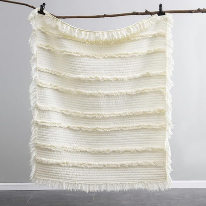 Ultra Soft Pre-Washed Quilted Boho Cream Twin Size Blankets for Bed, Ruffle Fringed Decorative Throw, Stone Washed Chic Rustic Blanket for Sofa Couch Bed, 60"*80"