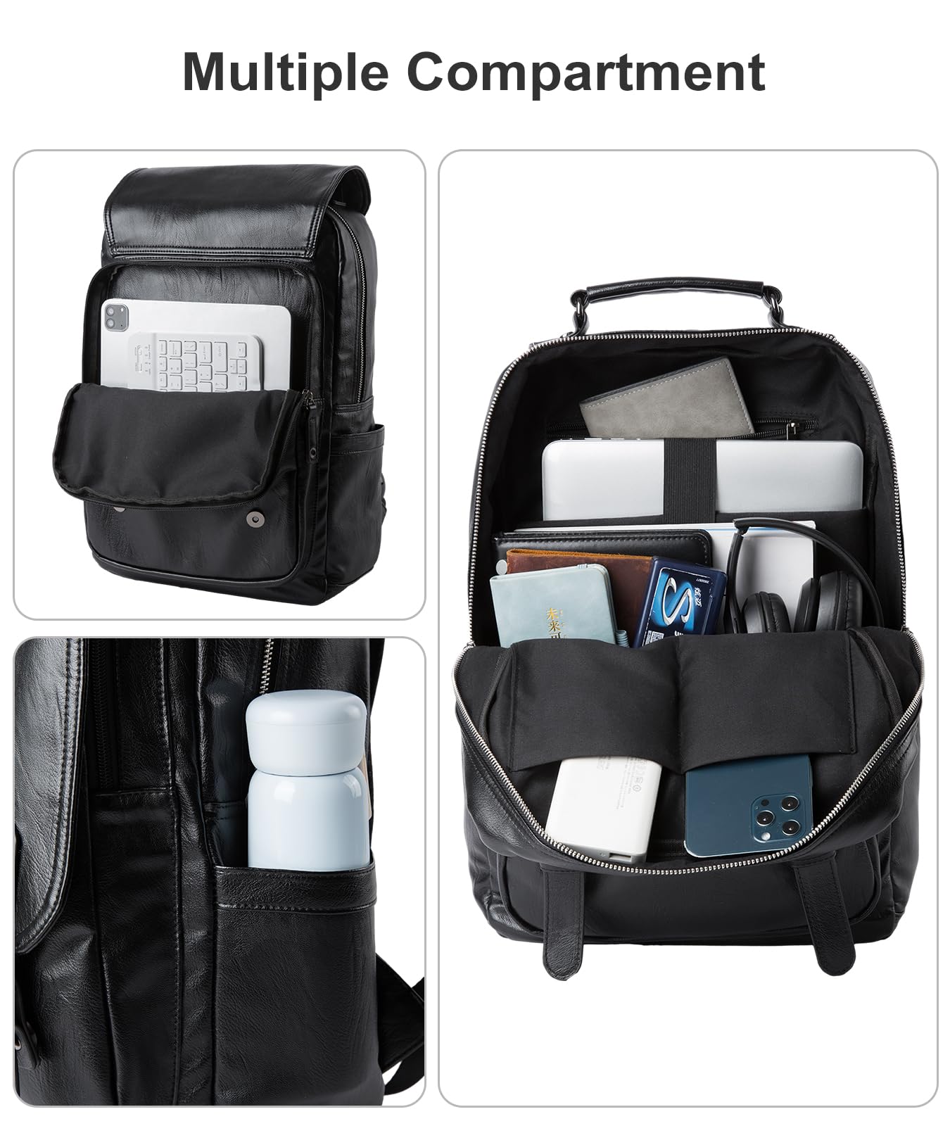 MOYYI Leather Backpack fits 15.6 Inch Laptop Vintage Backpack Waterproof Flap Bookbag for Men Leather Travel Backpack for Men Casual Knapsack Black