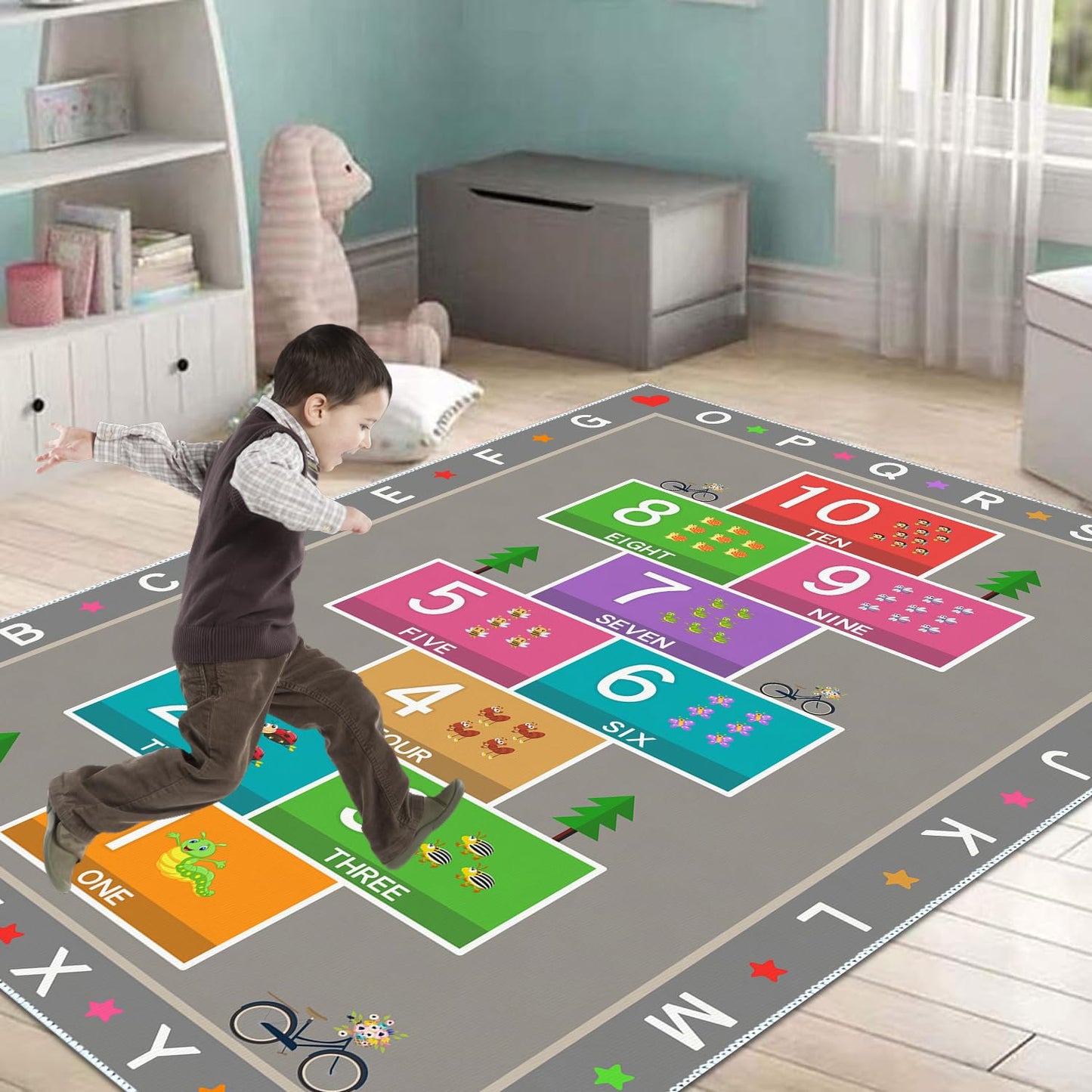 YLZLDKH Hopscotch Play Rug Carpet for Kids, ABC Alphabet Number Educational Rug, Children's Counting Game Mat for Playroom, Classroom, Bedroom and Nursery (Grey, 47x71 in)