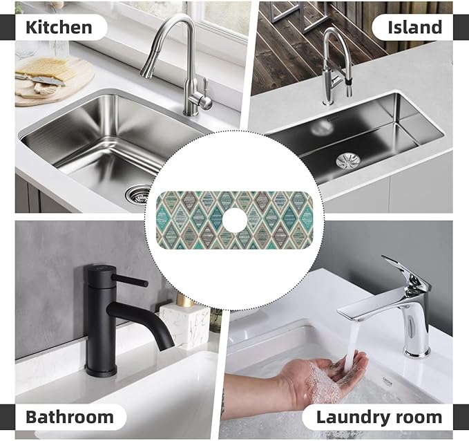 Teal And Brown Boho Style Kitchen Sink Splash Guard Faucet Mat Super Absorbent