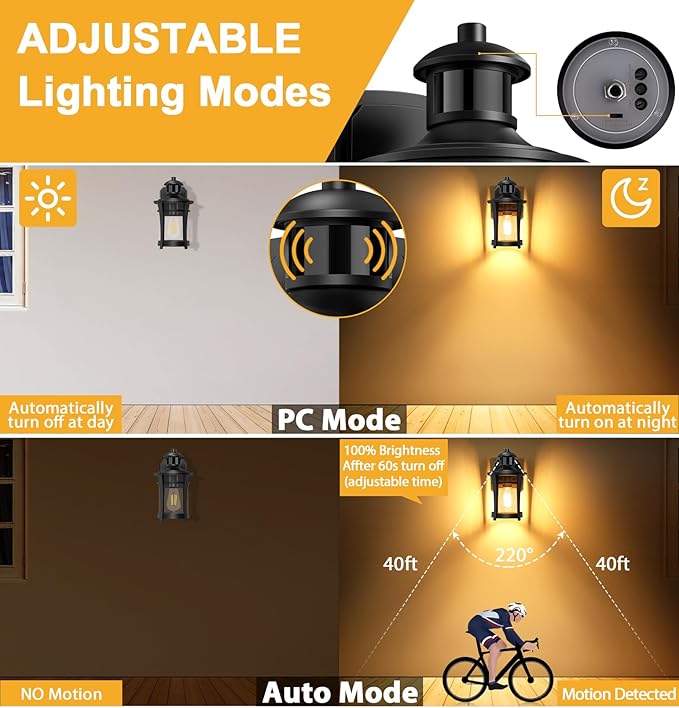 Porch Lights with Outlet, 2 Pack Outdoor Motion Sensor Lights, Dusk to Dawn Exterior Light Fixture, Anti-Rust Waterproof Outdoor Wall Light, Aluminum Outside Lights for House Patio Front Door Garage
