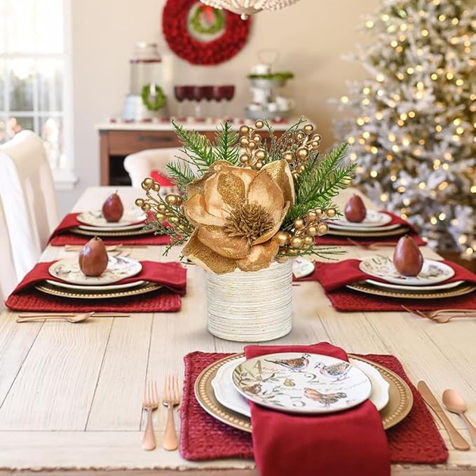DILATATA 10 inch Gold Christmas Table Centerpiece with 5" Glitter Magnolia Flower Berries Fir Greenery Artificial Floral Centerpiece in Silver Ceramic Pot for Christmas Tabletop Arrangement