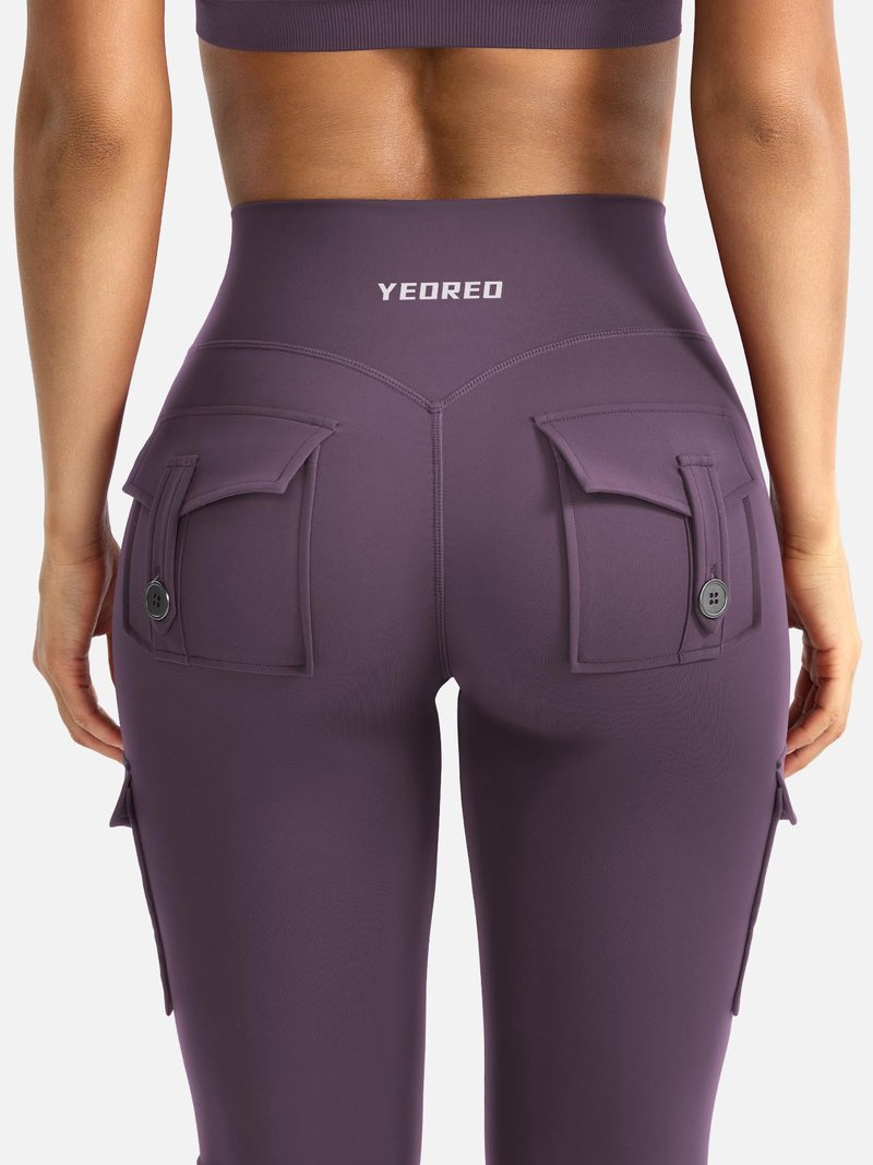 YEOREO CoreFlex Women Workout Flare Leggings with Pockets Hidden Scrunch High Waisted Cargo Gym Yoga Leggings Dark Berry L