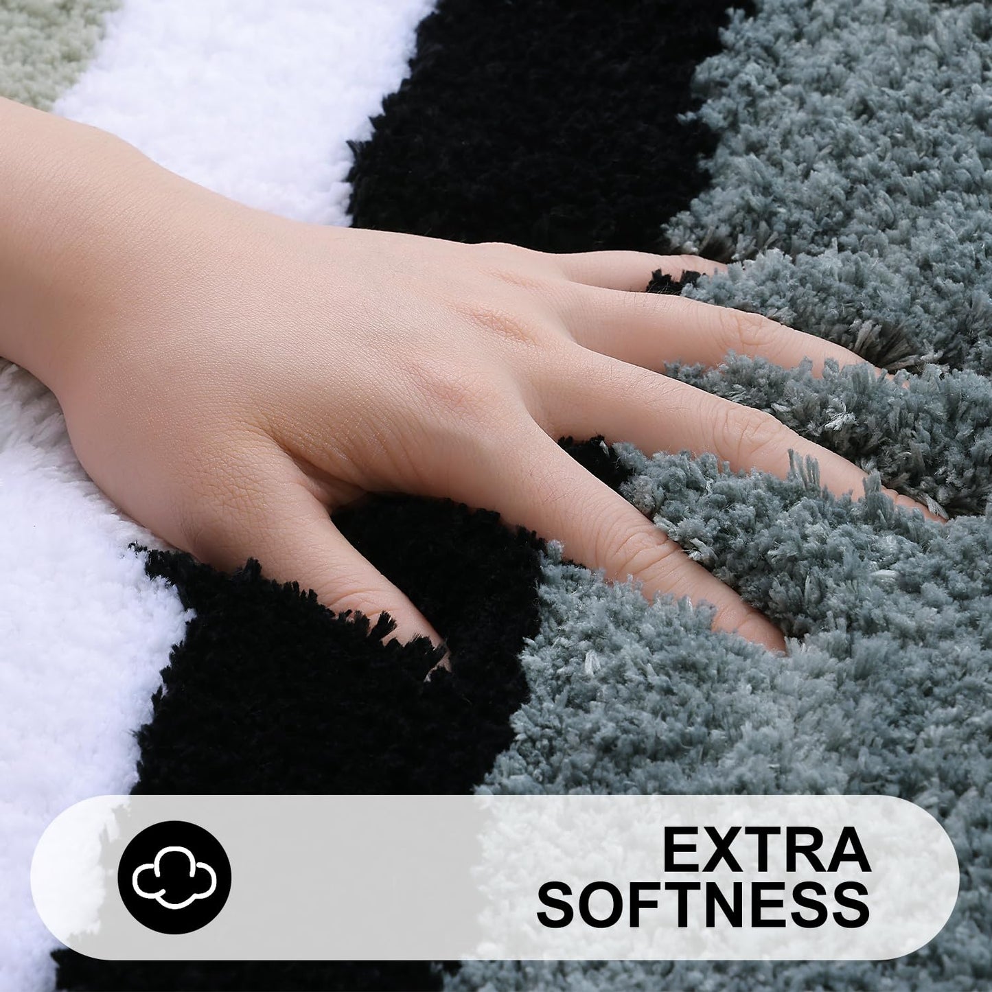 Buganda Microfiber Striped Bathroom Rugs Bath Mat, Extra Thick, Soft and Shaggy, Absorbent, Machine Washable, Bath Rugs for Bathroom, Tub and Shower, 24x16 Inches, Black-Grey